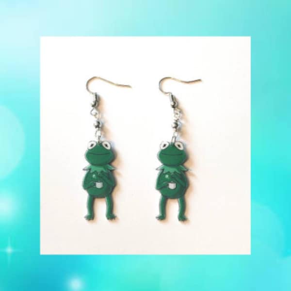 Kermit the Frog Sipping Tea Earrings Funny Earrings, Summer Earrings Trendy Unique