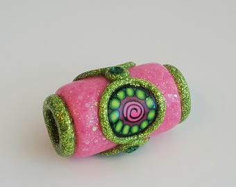 High intensity glitter custom mixed polymer clay pink and green millefiori disk dreadlock bead / Pink bohemian dread bead with 9mm hole