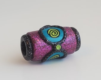 High intensity fuschia glitter polymer clay boho dreadlock bead with turquoise spiral millefiori disk / Bright boho dread bead with 9mm hole