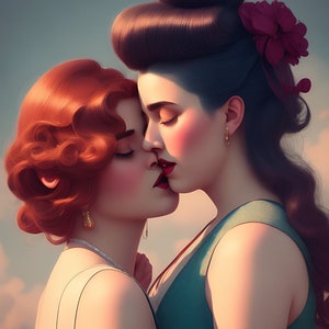 Lesbian Kiss, WLW Art Print, Vinatge Queer Poster, Sapphic Wall Art DIGITAL DOWNLOAD