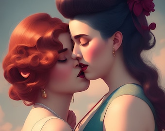 Lesbian Kiss, WLW Art Print, Vinatge Queer Poster, Sapphic Wall Art DIGITAL DOWNLOAD