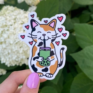 Calico Cat Drinking Boba Sticker | Bubble Tea | Glossy Sticker | Die Cut | Laptop Decal | Water Bottle Sticker | Love Boba | Cute Stationary