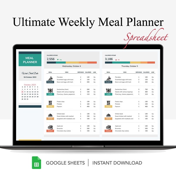 Planificateur de repas et suivi des calories, feuille de calcul pour Google Sheets, liste de courses automatisée, livre de recettes, suivi hebdomadaire des dépenses d'épicerie