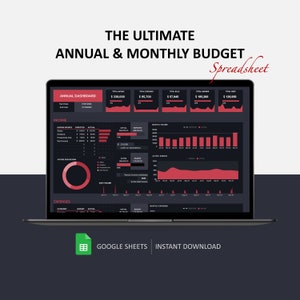 Ultimate Annual & Monthly Budget GoogleSheet | Income, Savings, Expenses, Bills, Subscription Tracker, Debt Payoff | DarkMode Digital Budget
