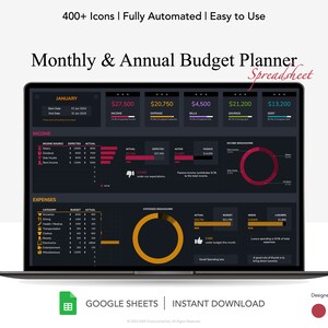 Automatiserad budgetplanerare: Månads- och årsredovisning i Google Sheets (digital nedladdning) bild 1