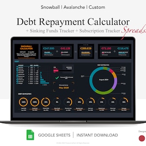 Calculadora de pago de deuda Hoja de cálculo de Google, fondos de amortización, rastreador de suscripciones, bola de nieve, avalancha, liquidación de deuda, planificador financiero