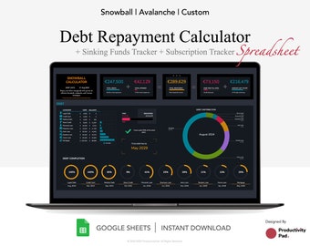 Debt Repayment Calculator Google Spreadsheet, Sinking Funds, Subscription Tracker, Snowball, Avalanche, Debt Payoff, Financial Planner