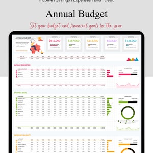 May include: A colorful chart with a laptop screen showing a yearly budget planner. The chart is divided into sections for income, savings, expenses, bills, and debt. The chart includes a calendar, graphs, and charts to track financial goals.