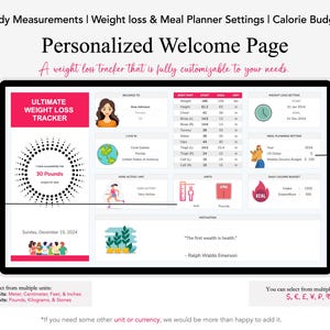 May include: A computer screen displaying a personalized weight loss tracker. The tracker includes sections for body measurements, weight loss settings, meal planning, and calorie budget. The screen also includes a motivational quote: "The first wealth is health." - Ralph Waldo Emerson.