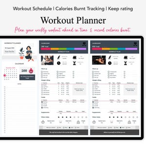 May include: A printable workout planner with a calendar, workout plan, and calorie tracking sections. The planner includes a section for daily calorie expenditure goals, a workout plan with checkboxes for exercises, and a section for tracking water intake, supplements, and body measurements.