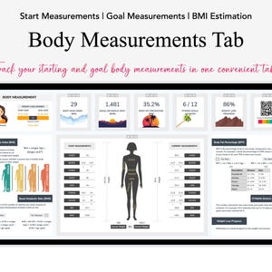 May include: A computer screen displaying a body measurement tracker. The screen shows a silhouette of a person with different body measurements labeled. The screen also includes a table with information about body mass index (BMI) and body fat percentage. The text "Start Measurements | Goal Measurements | BMI Estimation" is at the top of the screen. The text "Body Measurements Tab" is in a larger font size below the first line of text. The text "Track your starting and goal body measurements in one convenient tab." is below the title.
