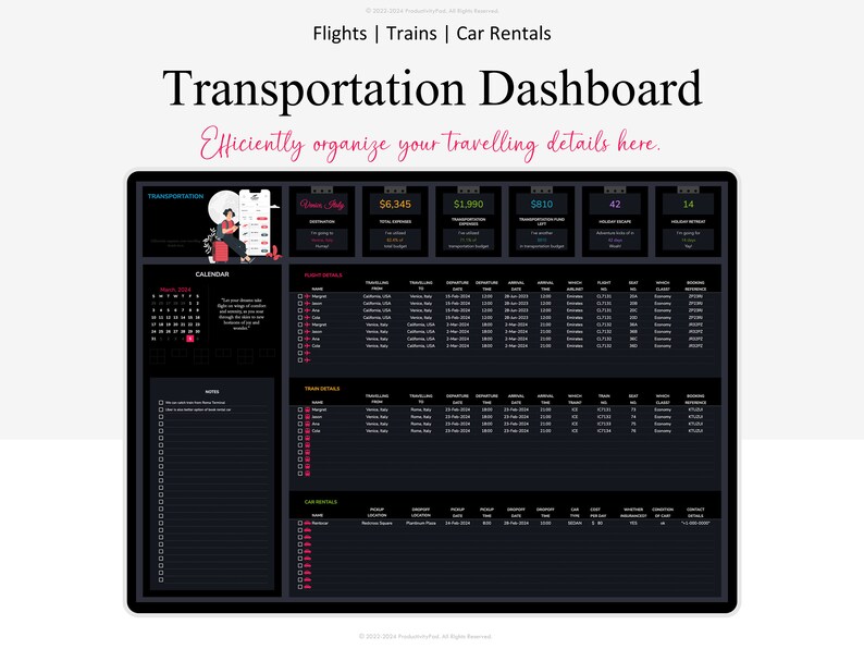 K&ouml;nnte beinhalten: Ein schwarz-wei&szlig;er Computerbildschirm zeigt ein Transport-Dashboard mit dem Text "Transportation Dashboard" und "Organisieren Sie Ihre Reisedetails hier effizient." Das Dashboard enth&auml;lt einen Kalender, Flugdetails, Zugdetails und Mietwageninformationen. Das Dashboard enth&auml;lt auch einen Abschnitt f&uuml;r die Gesamtkosten mit dem Text "6.345 &euro;", "1.990 &euro;", "5810", "42" und "14".