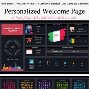 K&ouml;nnte beinhalten: Eine dunkel gestaltete Website-Oberfl&auml;che f&uuml;r einen Reiseplaner. Die Website bietet einen Countdown-Timer, eine Karte von Italien, einen W&auml;hrungsumrechner und ein Wetter-Widget. Der Text "Personalized Welcome Page" wird oben auf dem Bildschirm angezeigt.