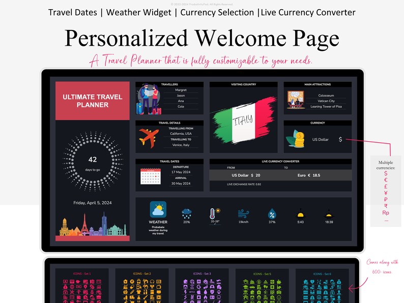 K&ouml;nnte beinhalten: Eine dunkel gestaltete Website-Oberfl&auml;che f&uuml;r einen Reiseplaner. Die Website bietet einen Countdown-Timer, eine Karte von Italien, einen W&auml;hrungsumrechner und ein Wetter-Widget. Der Text "Personalized Welcome Page" wird oben auf dem Bildschirm angezeigt.