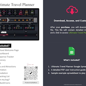 K&ouml;nnte beinhalten: Eine digitale Illustration einer Reiseplaner-Tabelle mit einem dunklen Hintergrund und bunten Symbolen. Die Tabelle enth&auml;lt Abschnitte f&uuml;r Reisekosten, Tagesablauf, Aktivit&auml;ten, Transport, Unterkunft, Packliste und mehr. Das Bild enth&auml;lt auch einen QR-Code und den Text "Ultimate Travel Planner".