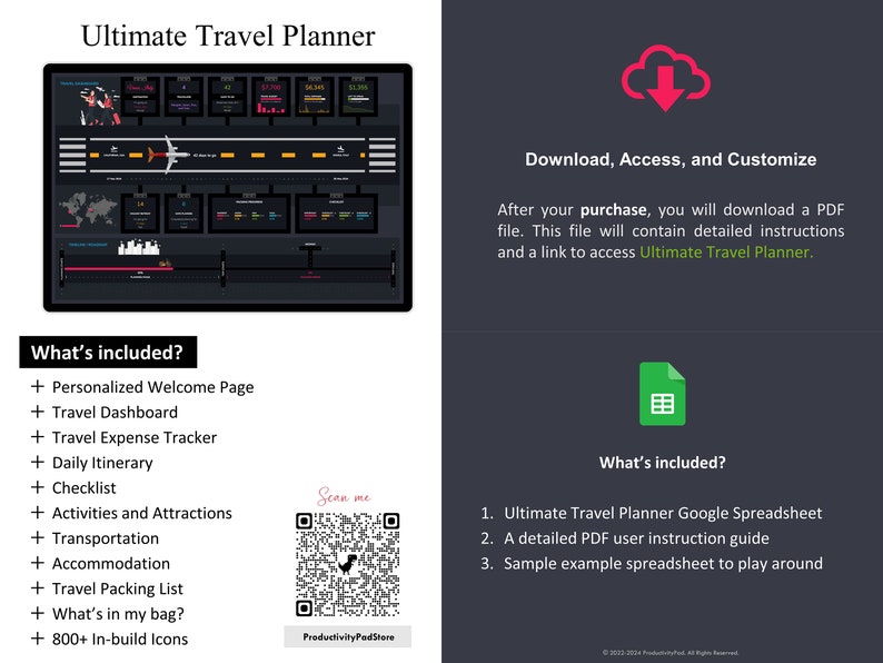 K&ouml;nnte beinhalten: Eine digitale Illustration einer Reiseplaner-Tabelle mit einem dunklen Hintergrund und bunten Symbolen. Die Tabelle enth&auml;lt Abschnitte f&uuml;r Reisekosten, Tagesablauf, Aktivit&auml;ten, Transport, Unterkunft, Packliste und mehr. Das Bild enth&auml;lt auch einen QR-Code und den Text "Ultimate Travel Planner".