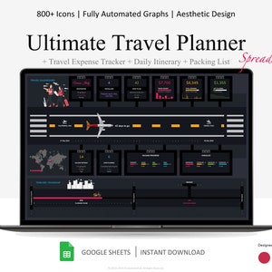 Travel Planner Google Sheets, Reiseplaner, Reise Packliste, Trip Expense Tracker, Urlaubsplaner, Ferienplaner, Dark Mode