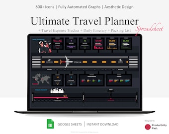 May include: A laptop screen displaying a Google Sheets spreadsheet with a dark background and colorful icons. The spreadsheet is titled "Ultimate Travel Planner" and includes sections for travel expenses, daily itinerary, and packing list. The spreadsheet is designed to help users plan their trips.