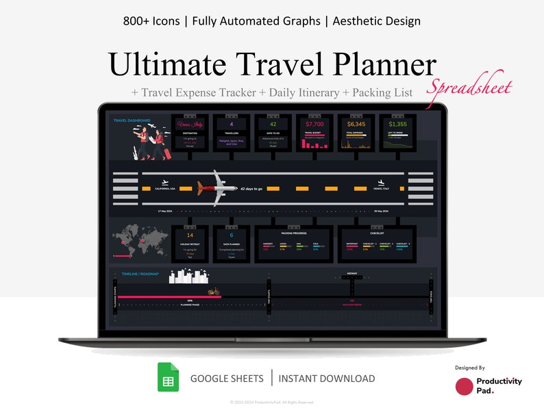 K&ouml;nnte beinhalten: Ein Laptop-Bildschirm zeigt eine Google Sheets-Tabelle mit einem dunklen Hintergrund und bunten Symbolen. Die Tabelle tr&auml;gt den Titel "Ultimate Travel Planner" und enth&auml;lt Abschnitte f&uuml;r Reisekosten, Tagesablauf und Packliste. Die Tabelle soll Benutzern bei der Planung ihrer Reisen helfen.