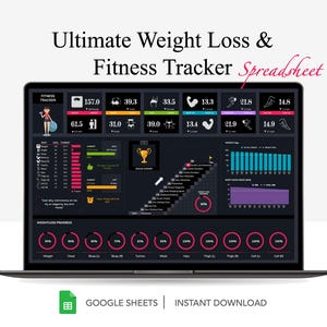May include: A laptop screen displaying a Google Sheets spreadsheet with a fitness tracker. The spreadsheet has charts, graphs, and data related to weight loss and fitness. The title of the spreadsheet is "Ultimate Weight Loss & Fitness Tracker Spreadsheet".
