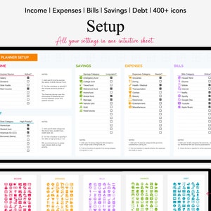 May include: A digital planner template with sections for income, expenses, bills, savings, and debt. The template includes checkboxes and notes for each category. The image also shows a grid of icons that come with the planner.