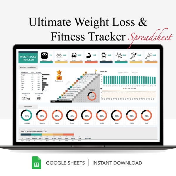 Feuille de calcul de suivi de la perte de poids et de la condition physique pour feuilles Google, planificateur de repas, suivi des calories, planificateur d'entraînement numérique, tableau des mesures corporelles