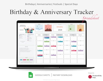 Spreadsheet voor verjaardag en jubileum voor Google Spreadsheets, jaarlijkse verjaardag, familieverjaardagtracker, aankomende evenementen, verjaardagskalender