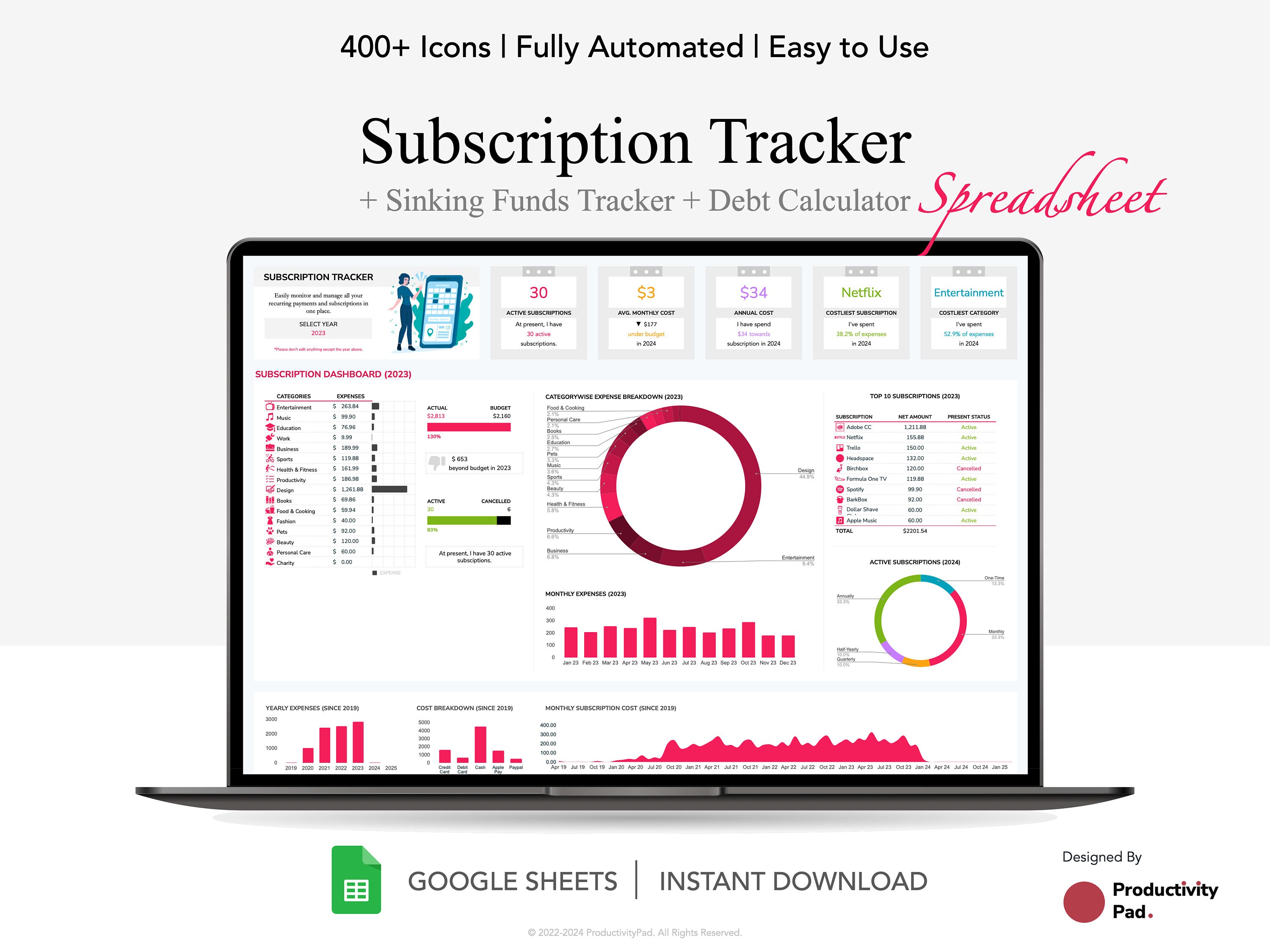 Subscription Tracker Google Spreadsheet, Subscription Calendar, Sinking Funds, Debt Calculator, Membership Tracker, Financial Planner