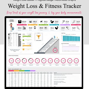 May include: A digital weight loss and fitness tracker with a progress ladder, badges earned, and graphs. The tracker includes a fitness tracker, weight loss progress, and body measurement log. The tracker is designed to help users keep track of their weight loss journey and log their body measurements.