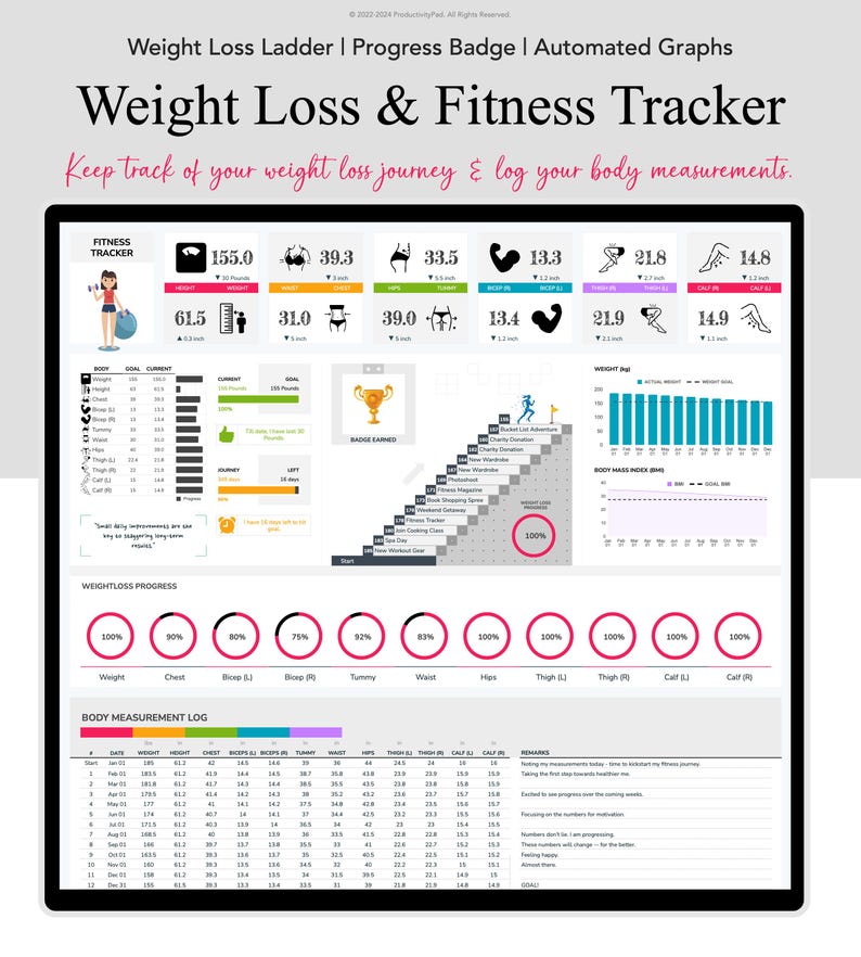 May include: A digital weight loss and fitness tracker with a progress ladder, badges earned, and graphs. The tracker includes a fitness tracker, weight loss progress, and body measurement log. The tracker is designed to help users keep track of their weight loss journey and log their body measurements.