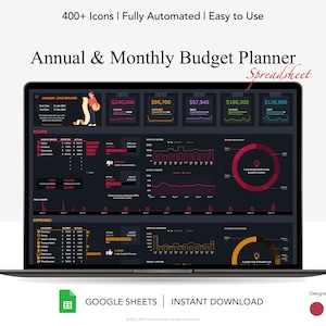 Annual and Monthly Budget Planner for Google Sheets, Annual Planner, Budget Planner, Yearly Budget Spreadsheet, Financial Planner, Dark Mode