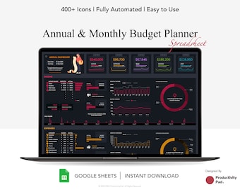 Jaarlijkse budgetplanner: maandelijkse financiële tracker, donkere modus (Google Spreadsheets)