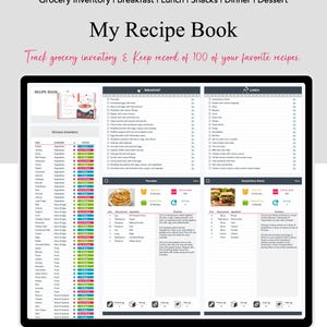 May include: A digital planner with a white background and a blue and pink title that reads "My Recipe Book". The planner is divided into sections for grocery inventory, breakfast, lunch, snacks, dinner, and dessert. Each section has a list of recipes with checkboxes to mark them off.