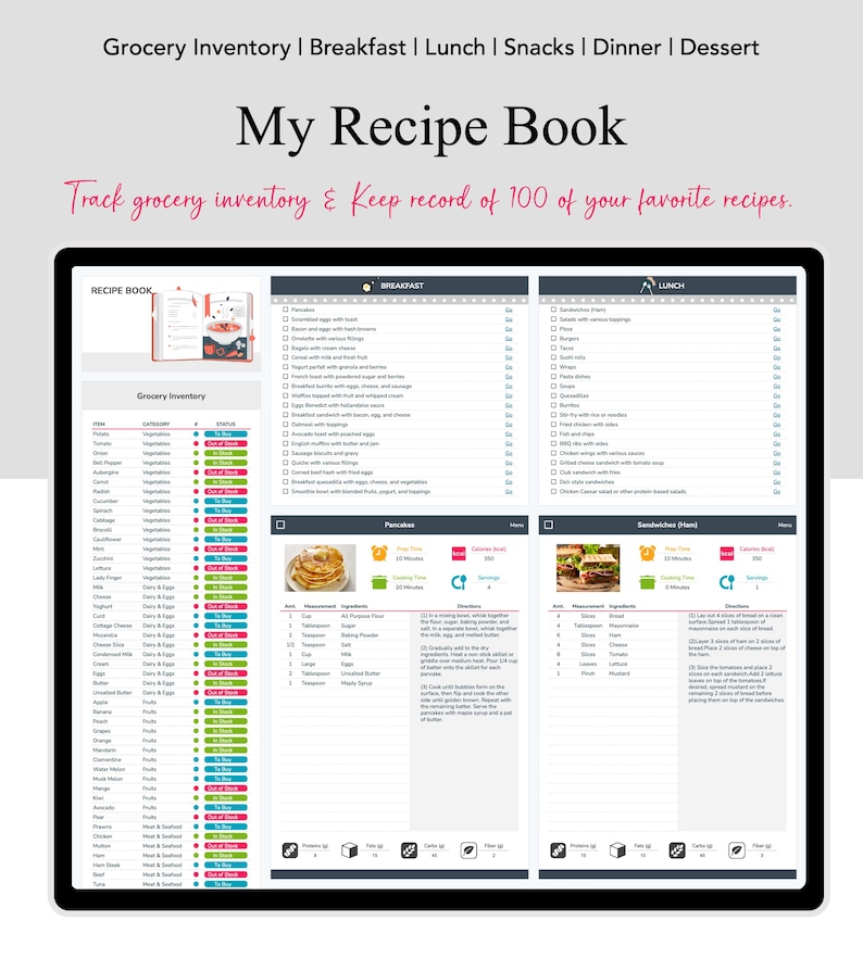 May include: A digital planner with a white background and a blue and pink title that reads "My Recipe Book". The planner is divided into sections for grocery inventory, breakfast, lunch, snacks, dinner, and dessert. Each section has a list of recipes with checkboxes to mark them off.