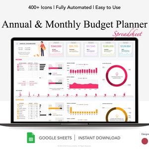 May include: A laptop screen displaying a Google Sheets spreadsheet with a colorful budget planner template. The template includes charts, graphs, and data tables for tracking income and expenses. The spreadsheet is titled "Annual & Monthly Budget Planner Spreadsheet".