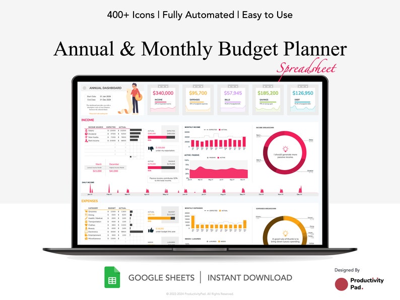 May include: A laptop screen displaying a Google Sheets spreadsheet with a colorful budget planner template. The template includes charts, graphs, and data tables for tracking income and expenses. The spreadsheet is titled "Annual & Monthly Budget Planner Spreadsheet".
