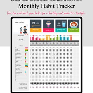 May include: A digital monthly habit tracker with a grid for tracking 25 daily habits. The tracker includes sections for sleep, water intake, mood, and daily progress. The tracker is designed to help users develop and track their habits for a healthy and productive lifestyle.