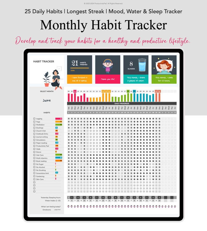 May include: A digital monthly habit tracker with a grid for tracking 25 daily habits. The tracker includes sections for sleep, water intake, mood, and daily progress. The tracker is designed to help users develop and track their habits for a healthy and productive lifestyle.