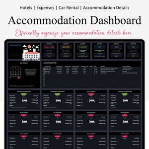 K&ouml;nnte beinhalten: Ein dunkelgraues Dashboard mit dem Titel "Accommodation Dashboard" und dem Text "Organisieren Sie Ihre Unterkunftsdetails hier effizient." Das Dashboard enth&auml;lt einen Kalender, eine Liste der Unterk&uuml;nfte und eine Reihe von Karten mit Informationen &uuml;ber best&auml;tigte und noch nicht gebuchte Unterk&uuml;nfte. Das Dashboard enth&auml;lt auch einen Abschnitt f&uuml;r die Gesamtkosten mit der Zahl 6.345 &euro;.