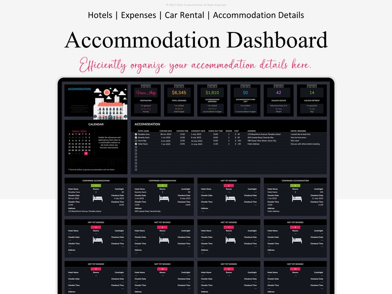 K&ouml;nnte beinhalten: Ein dunkelgraues Dashboard mit dem Titel "Accommodation Dashboard" und dem Text "Organisieren Sie Ihre Unterkunftsdetails hier effizient." Das Dashboard enth&auml;lt einen Kalender, eine Liste der Unterk&uuml;nfte und eine Reihe von Karten mit Informationen &uuml;ber best&auml;tigte und noch nicht gebuchte Unterk&uuml;nfte. Das Dashboard enth&auml;lt auch einen Abschnitt f&uuml;r die Gesamtkosten mit der Zahl 6.345 &euro;.