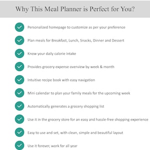 Op de afbeelding: Een checklist met functies voor een maaltijdplanner-app. De functies omvatten een gepersonaliseerde startpagina, maaltijdplanning, calorie&euml;nregistratie, overzicht van boodschappenkosten, een receptenboek, een kalender, het genereren van boodschappenlijstjes, boodschappen doen in de winkel, gebruiksvriendelijkheid en langdurig gebruik.