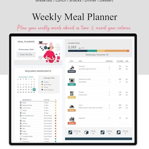 Op de afbeelding: Een wekelijkse maaltijdplanner met een kalender, een lijst met benodigde ingredi&euml;nten en een maaltijdplan voor woensdag 20 november. Het maaltijdplan omvat ontbijt, lunch, snacks, diner en dessert met calorie&euml;n en links. De calorie-inname voor de dag is 2.183.