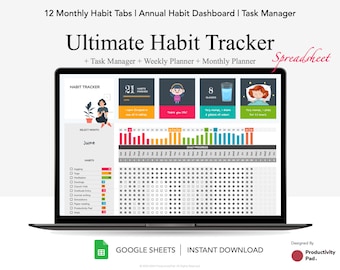 Könnte beinhalten: Ein Laptop-Bildschirm zeigt eine Google Sheets-Tabelle mit einem Habit Tracker. Die Tabelle hat ein farbenfrohes Design mit einem Kalender, Diagrammen und Symbolen. Der Text auf dem Bildschirm lautet "Ultimate Habit Tracker" und "Google Sheets | Sofort-Download".