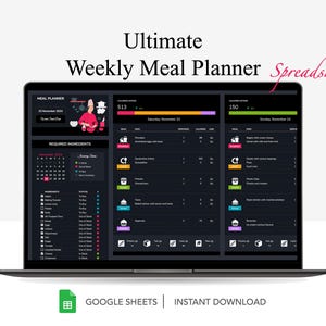 Foglio di calcolo per pianificatore pasti e monitoraggio calorie per Fogli Google, elenco automatico della spesa, libro di ricette, monitoraggio delle spese settimanali della spesa