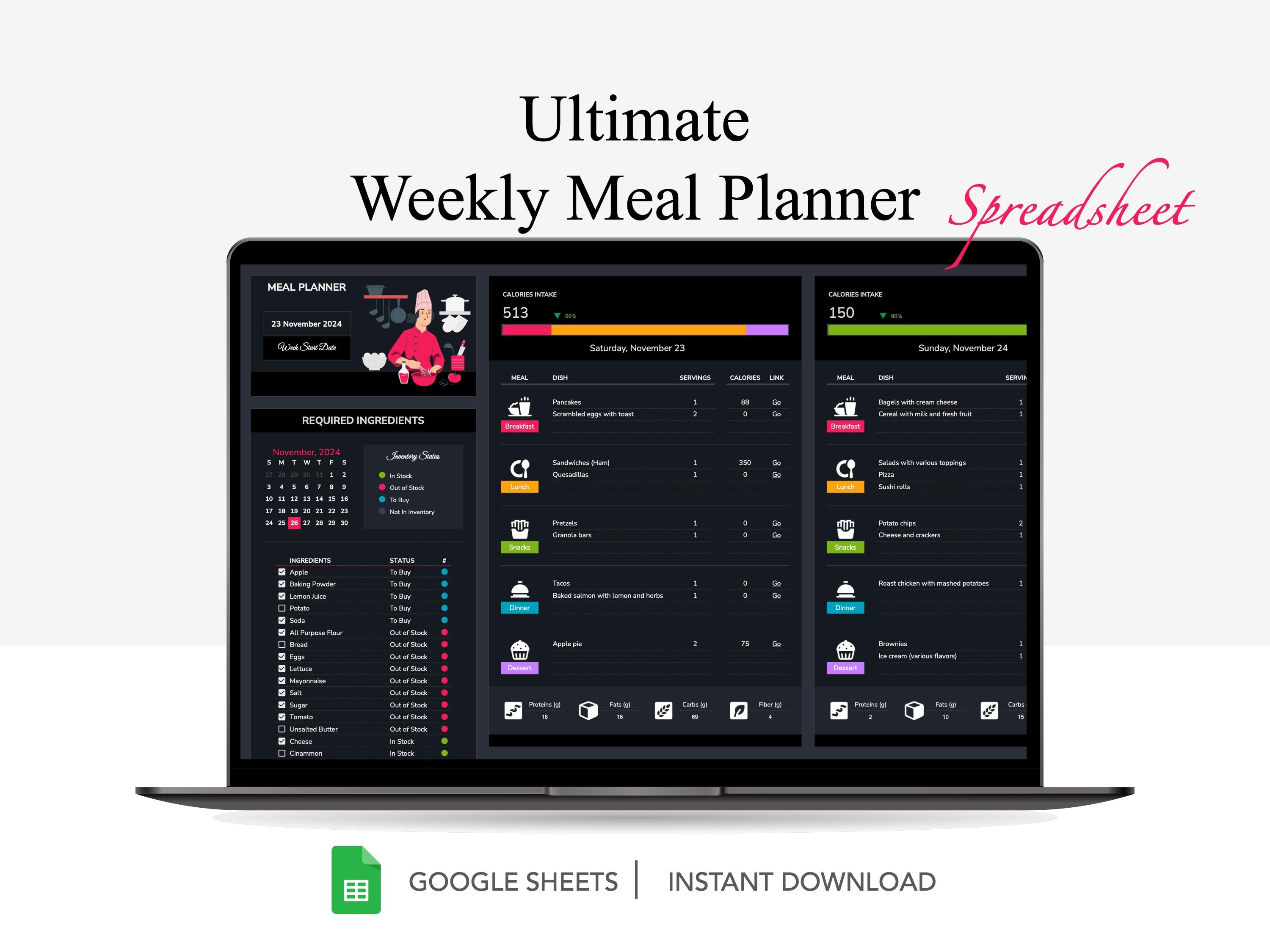 Meal Planner & Calorie Tracker Spreadsheet for Google Sheets, Automated Grocery Shopping List, Recipe Book,  Weekly Grocery Expense Tracker
