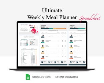 Meal Planner & Calorie Tracker Spreadsheet for Google Sheets, Automated Grocery Shopping List, Recipe Book, Weekly Grocery Expense Tracker