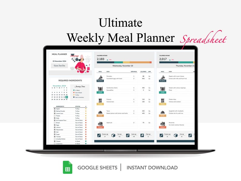 Op de afbeelding: Een laptopscherm dat een Google Sheets-spreadsheet toont met de titel "Ultimate Weekly Meal Planner Spreadsheet". De spreadsheet bevat een maaltijdplanner, een lijst met benodigde ingredi&euml;nten en een calorie&euml;nteller. De spreadsheet is ontworpen om gebruikers te helpen hun maaltijden te plannen en hun calorie-inname bij te houden.