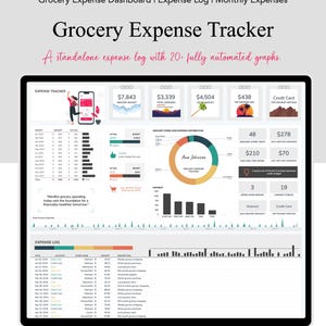 Op de afbeelding: Een computerscherm dat een dashboard voor het bijhouden van uitgaven voor boodschappen toont met grafieken en diagrammen. Het dashboard bevat een maandelijks budget, werkelijke uitgaven, de verdeling van uitgaven per supermarkt, betaalmethoden en een logboek voor boodschappen. Het dashboard heeft de titel "Grocery Expense Tracker" en bevat de tekst "Mindful grocery spending today sets the foundation for a financially healthier tomorrow."