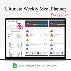 Könnte beinhalten: Ein Laptop-Bildschirm zeigt eine Google Sheets-Tabelle mit dem Titel "Ultimate Weekly Meal Planner Spreadsheet". Die Tabelle enthält einen Speiseplan, eine Liste der benötigten Zutaten und eine Kalorienverfolgung für jeden Tag der Woche. Die Tabelle soll Benutzern helfen, ihre Mahlzeiten zu planen und zu verfolgen.