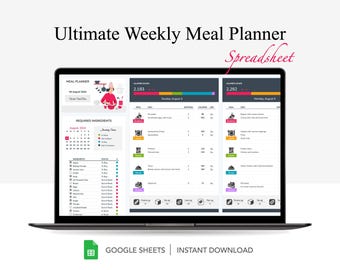 Meal Planner & Calorie Tracker Spreadsheet for Google Sheets, Automated Grocery Shopping List, Recipe Book,  Weekly Grocery Expense Tracker